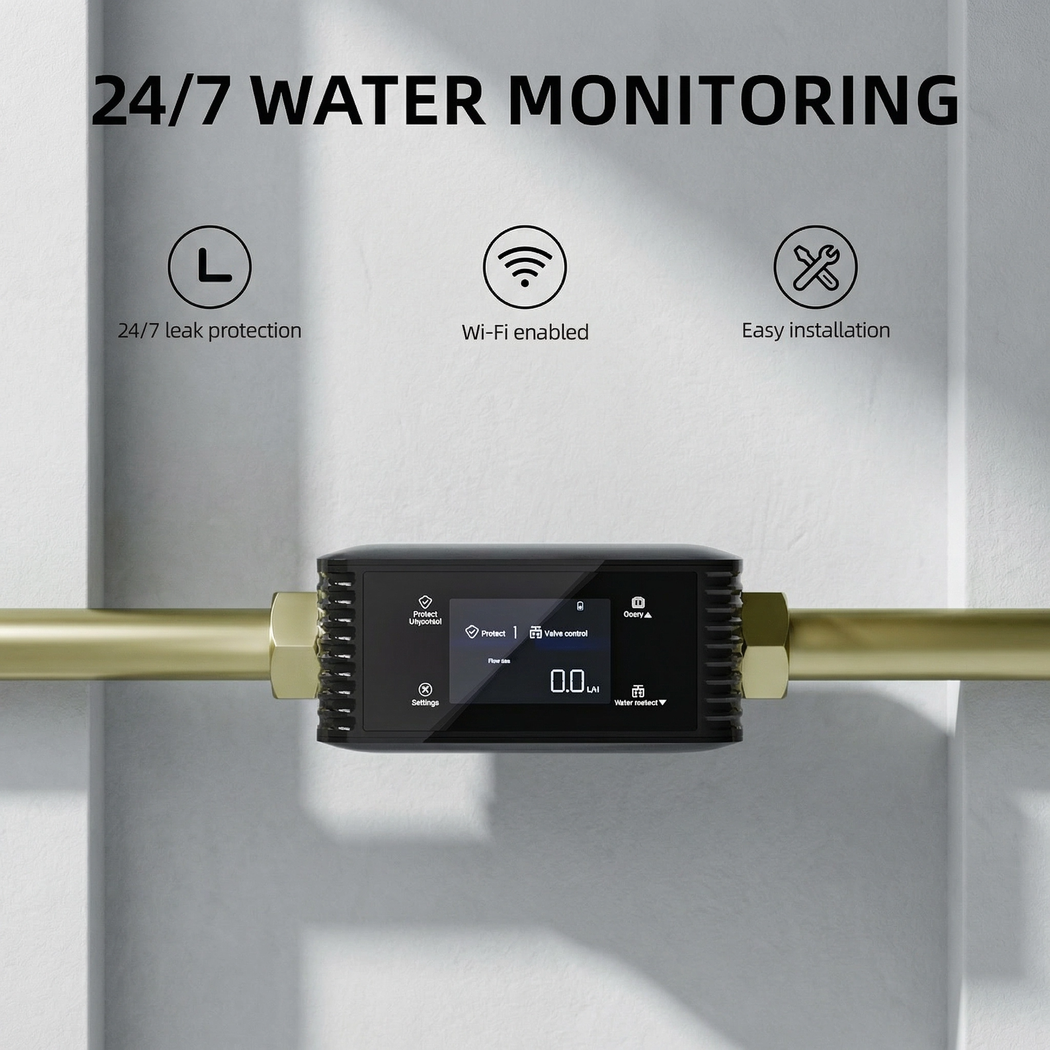 Smart whole house water leak detector with automatic shut-off valve installed on main supply line