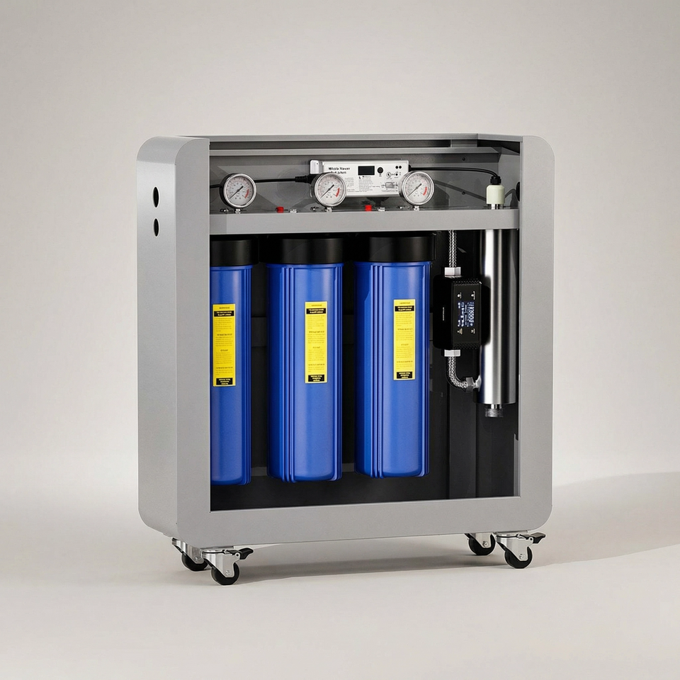 Celodomní třístupňový systém filtrace vody s UV sterilizací – 18 GPM, Big Blue 20" Kryty, tlakoměry, rám z uhlíkové oceli, nástěnné nebo volně stojící