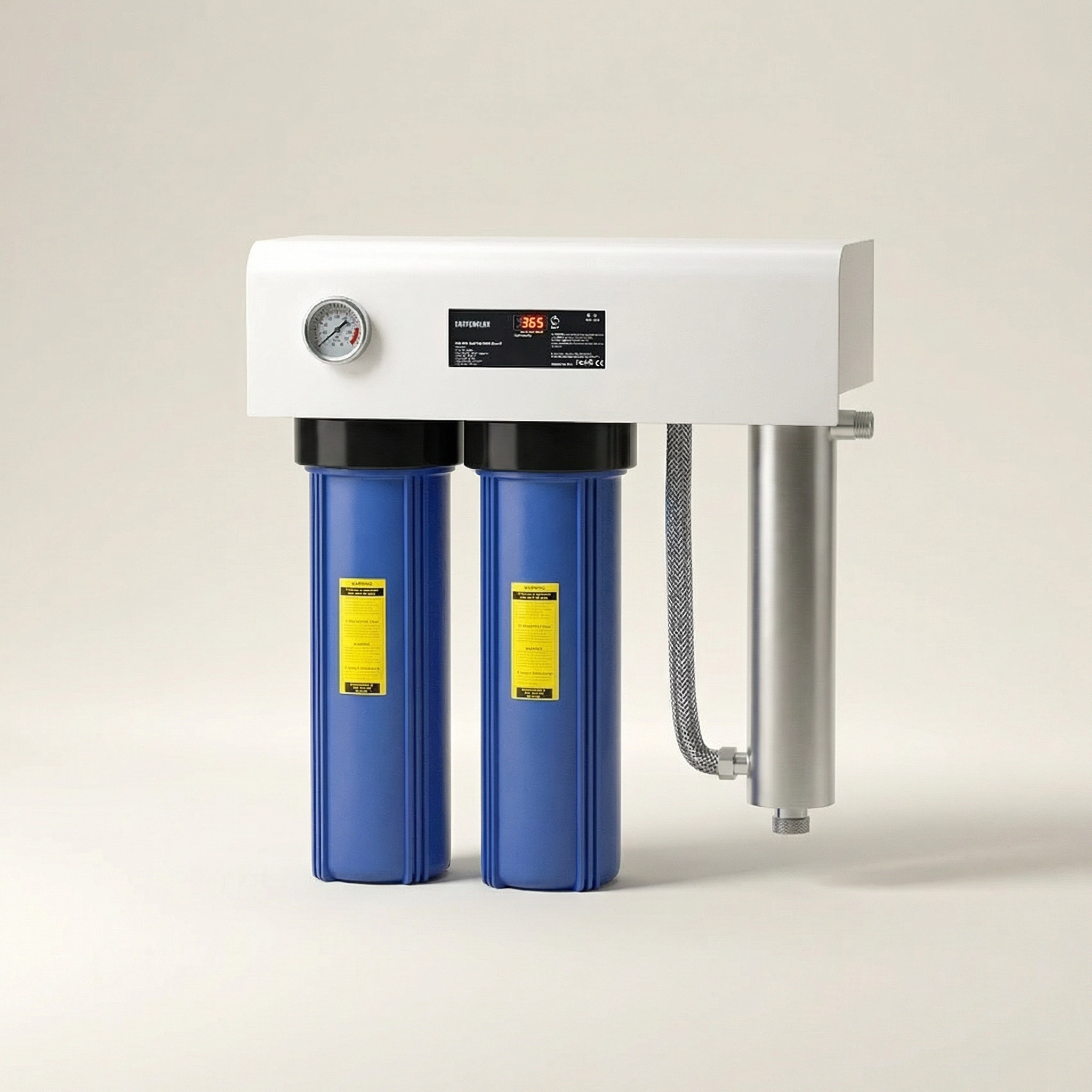 Wall mounted whole house UV water treatment system with dual Big Blue housings 132 Lpm