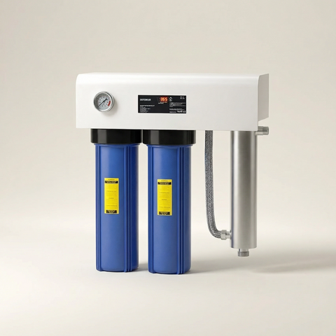 Wall-Mounted Whole House UV Water Treatment System — 3-Stage Dual Big Blue + UV, 132 Lpm, 1" BSP