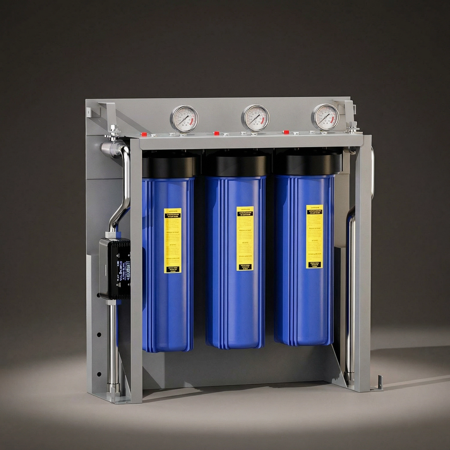 Celodomní třístupňový systém filtrace vody s UV sterilizací – 18 GPM, Big Blue 20" Kryty, tlakoměry, rám z uhlíkové oceli, nástěnné nebo volně stojící
